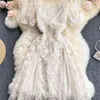 Women Fashion Court Square Neck Short Sleeve Yarn Stitching Bead Embroidery Lace A-line Dress Elegant Vintage Vestidos 210515