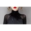 Korean fashion Women Mesh top High neck Sexy Black bottoming t shirt Casual Bright silk Lady Blusa 210720