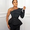 Combinaison noire robes de bal perle pantalon robe de soirée avec manches longues plissé Satin cheville longueur femmes tenue