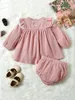 Bebê ilhó bordado plissando guarnição corduroy babydoll blouse shorts ela