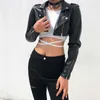 Iamty Black Pu Leather Crop Jacket Wear Punk Style Womens Coats Long Sleeve Turn-Down Zipper Short Fashion 211025