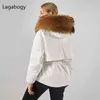 Lagabogy Winter Coat Women Huge Real Natural Fur Waterproof Warm Parka Female 90%White Duck Down Jacket Hooded Outwear 211130