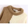 Women Fashion Round Neck Color Matching Thick Bar Knit Loose Long Sleeve Sweater 210521