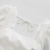 Frauen A-Linie weißes Baumwoll-Midikleid mit Fliege, aushöhlen, süße Sommerkleider, quadratischer Kragen, kurze Ärmel, lässiges Sommerkleid 210414