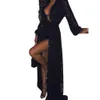 Product Fashion Classic Black Madi Avondjurk voor Dames Diepe V-hals Lange Mouw Robe Sexy Clubwear 210525