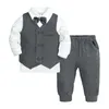 Retail baby jongens formele pak peuter gentleman set jurk slim fit shirt + vest + broek + bowtie outfits smoking