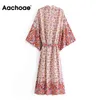 Bohème imprimé fleuri long Kimono femmes manches chauve-souris robes de plage été col en V ceintures Robe Robe Vestidos 210413