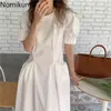 Nomikuma Kvinnor Klänning Kausalfickor Slim Waist Vestidos Femme Sommarpuff Kortärmad O-Neck Koreansk Solid Klänningar 6G862 210427