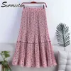 Faldas Midi de verano para mujer estilo coreano Vintage Rosa estampado Floral estética cintura alta falda larga plisada femenina 210421