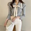 Autumn Color-blocked Knitted Korean Elegant Women Sweaters Flare Sleeve Turn-down Collar Vintage Ladies Pullovers Tops 210513