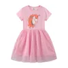 Filles flamant rose broderie perles robes pour enfants coton rayure été à manches courtes enfant en bas âge robe d'anniversaire