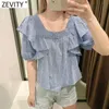 Zevity Women Vintage Square Collar Paski Print Krótki Bluzka Smock Panie Pleat Ruffles Casual Femininas Koszula Chic Topy LS9301 210603