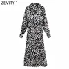 Zevity女性のファッションの折り返しカラーLeopardプリントカジュアルAラインドレス女性シックサシスパーティーvestidoスプリットクロスDS4921 210603