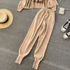 Singreiny Kadınlar Sonbahar Tasarım Kore Set Fermuar Örme Hırka + Seksi Zincir Kayış Yelek + Yüksek Bel Uzun Pantolon Üç Parçalı Suit 210419