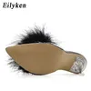 Slippers Eilyken New Transparent Crystal High Heels Woman Feather Fur Pumps Women Peep Toe Mules Lady Slides White220308