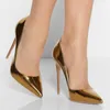 Kleidschuhe Gold Metallic Stiletto Heel Pumps für Frauen 12 cm Slip-on Spitze Zehen Büro Dame Shallow Party Bankett Hochzeit