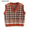 Preppy stijl geometrische plaid gebreide trui vest vrouwen 90s vintage Koreaanse kleding V-hals tank top Y2K knitwear mouwloos 210429