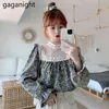 Korean Fashion Sweet Lace Floral Print Patchwork Shirt Girls Stand Hollow Out Flare Sleeve Blus Elegant Office Lady 210601