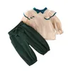 Koreanische Kleinkind Mädchen Baumwolle Leinen 2 stücke Kleidung Set Rüschen Kinder Langarm Casual Outfit für Kinder 210529