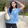 Pure cotton tie dyed old V-neck T-shirt women Korean fashion top summer women's clothing 210520