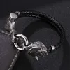 Hip Hop Styl Antique Silver Titanium Steel Wolf Head Charm Black Prawdziwej Skóry Bransoletka Mężczyźni Biżuteria z klamrą Toggle