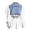 spring and autumn fashion denim Vest white cotton shirt two pieces single breasted top female 210421