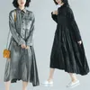 Tamanho grande vestido longo maxi manga solta costura de manga plissada mulheres Única bolso peito vestidos preto sólido 210601