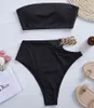 Bandeau błyszczący wysoki talia bikini pasek kobiecy strój kąpielowy kobiety stroje kąpielowe dwuk kawałki bikini set straplbather kostium kąpielowy X0522