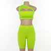 Neon Color Women Two Piece Set One Shoulder Casual Tracksuits Cut Out Crop Top And Biker Shorts Sets Sporty Active Wear X0428
