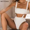 White Buckle Swimsuit Sexy Cintura Alta Biquinis Bandeau Bandeau Swimwear Mulheres Strap Banheira Terno Bodysuit Bathers 210712