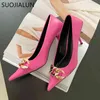 SUOJIALUN Thin High Heels Pumps Shoes Women Fashion Pointed Toe Metal Chain Work Shoes Vintage Elegant Shallow Pumps For Party K78