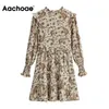 Vintage Floral Print Ruffles Casual Pleated Butterfly Long Sleeve Boho Beach Mini Dress Vestido De Mujer 210413