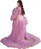 Fuchsia Enceinte Robes De Soirée Photo Robes Pyjam Robe Col En V À Manches Longues Appliques Dentelle Tulle Robes Personnalisé Étage Longueur Peignoir Maille Robe