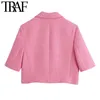 TRAF Women Fashion With Pockets Tweed Blazers Coat Vintage Notched Collar Short Sleeve Female Outerwear Chic Tops 211122