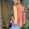 Blusas dulces de verano para Mujer, Blusas cortas a cuadros con volantes, Blusas sexis para Mujer, camisas de moda con vendaje Kawaii, Tops para niñas 16841 210415