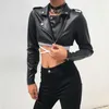 Iamty Siyah PU Deri Kırpma Ceket Sokak Giyim Punk Stil Bayan Mont Uzun Kollu Turn-down Fermuar Kısa Ceket Moda 210722