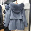 여성용 다운 파카스 패션 2021 겨울 따뜻한 후드 코트 자켓 여성 대형 조절 허리 모피 칼라 지퍼 파카