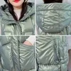 長袖のジャケットのフード付き暖かい女性カジュアルな冬のベストジッパーポケット厚い光沢のあるファッションウィストコート女性211130