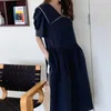 Sommar Casual Retro Loose Contrast Pläterad Stor Lapel Klänning Kvinnor Puff Short Sleeve Maxi Vestido Feminino Doll Japan Stil 210610