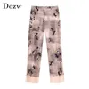 Floral Print Pantwork Calças Mulheres Bolsos Lado Split Chique Calças Longas Senhora Loja Larga Perna Bottoms Ropa Mujer 210515