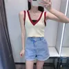 Crop Tank Top Women Contrast Beige Wide Straps Woman Sports Fashion V Neck Sexy Women's Summer s 210519