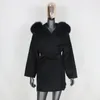 Miscele da donna in lana da donna CXFS 2022 Oversize sciolto cashmere cappotto in vera pelliccia giacca invernale da donna colletto naturale cappuccio tuta sportiva cintura