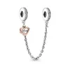 Solid 925 Sterling Silver Two-tone Family Heart Safety Chain Charm Fits European Pandora Style Jewelry Bead Bracelets