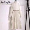 Beiyingni Dres Kadınlar Kemer Ile Zarif İş Giyim V Yaka Ofis Bayanlar Pileli Uzun Kollu Takım Elbise Lüks Artı Boyutu Vestidos Y211227