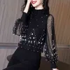 Spring Autumn Chiffon Shirt Loose Women Nail Bead Mesh Bottom Blouse Female Long Sleeve Solid Tops 2020 High Neck Plus Size H1230