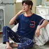 Plus Size Pajamas 3xl 4xl Sleepwear Short Sleeved Long Pants Cotton Homewear Leisure Pyjamas Plaid Men Summer Nightwear 210918