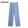 Elegant Blue Color Long Women Pleated Office Wear Lady Trousers Zipper Fly Vintage Straight Pants Pantalones 210413