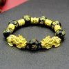 Imitation Obsidian Gold Plated Pixiu Lucky Brave Bracelet Strands China Men Women 6-14MM Black Stone Beads Beaded Jewelry