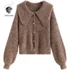 FANSILANEN Turn down collar vintage short knitted cardigan Women lantern sleeve oversized flame sweater Autumn winter jumper top 210607