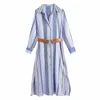 Sommar Kvinnor Sashes Side Slit Striped Midi Shirt Klänning Kvinna Långärmad Kläder Casual Lady Loose Vestido D7556 210430